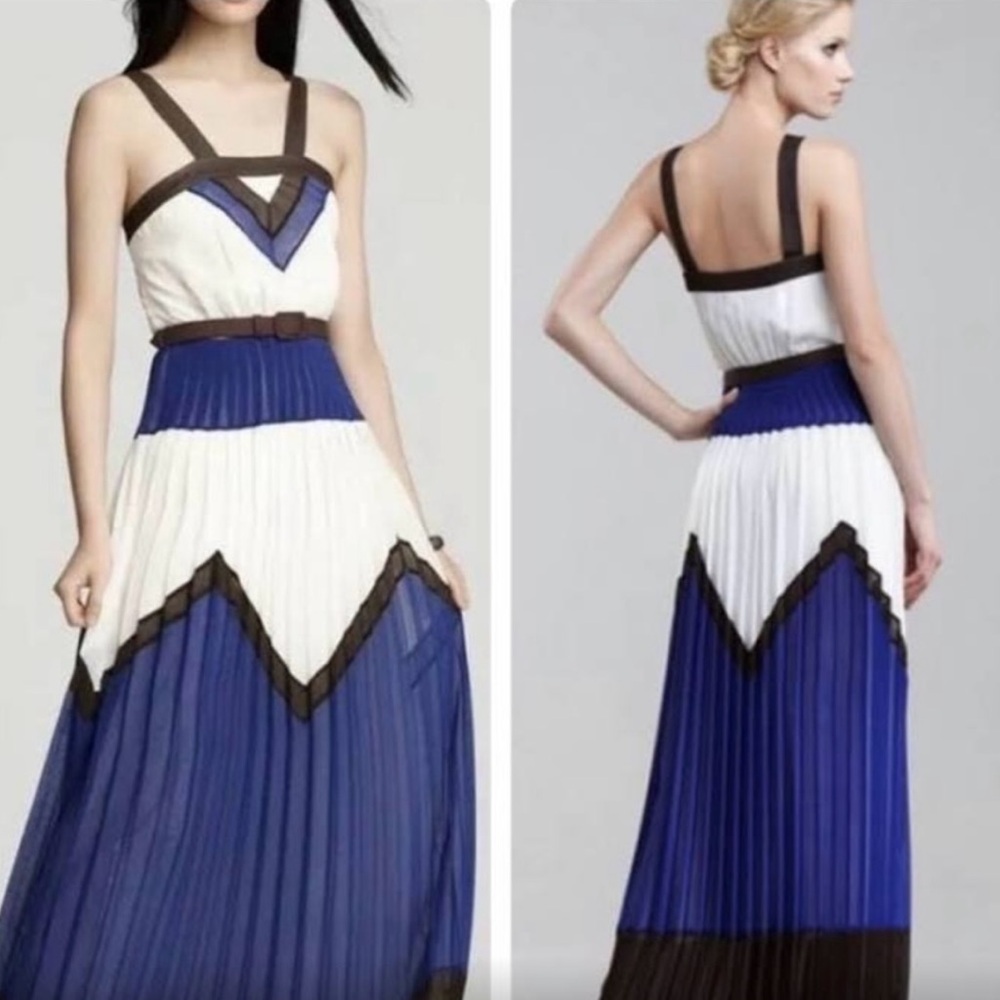Milly Blue and White Pleated Maxi Dress for Wedding Guest